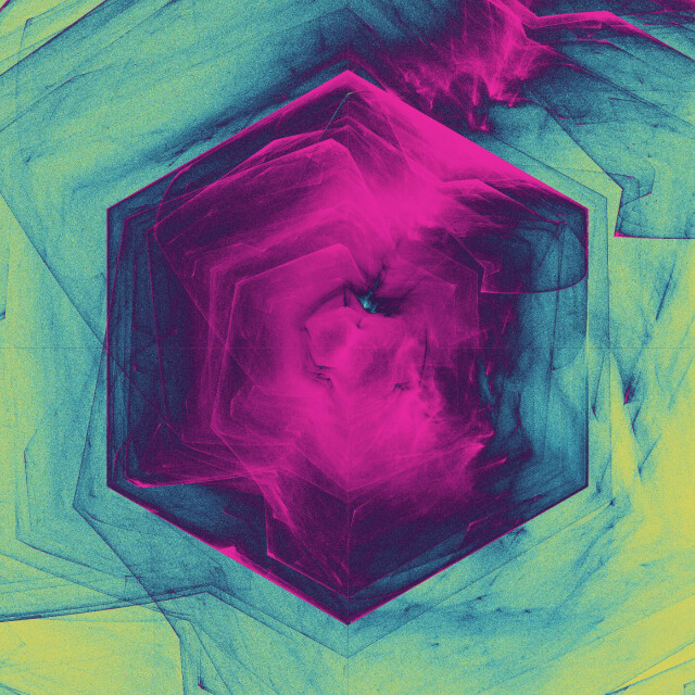 abstract generative art with a hexagonal motif. the large hexagon in the middle is pink and blue, the background is yellow and blue. the texturing is grainy and seems to have many different distorted partial copies of the hexagonal shape, with flowing bits I guess