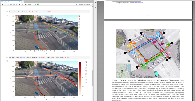 Screenshot of my Jupyter notebook showing MovingPandas trajectory plots and the original research paper showing the layout of the road intersection under investigation 