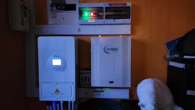 The battery, inverter box, and circuit breakers in a clean, neat installation 