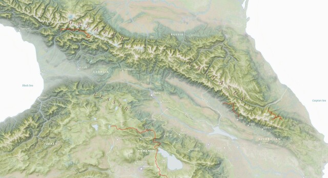 Map of the Caucasus with dramatic terrain and natural colors. Still not complete 