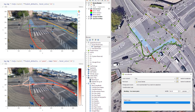 Original camera view trajectories in a Jupyter notebook on the left and georeferenced trajectories in QGIS on the right 