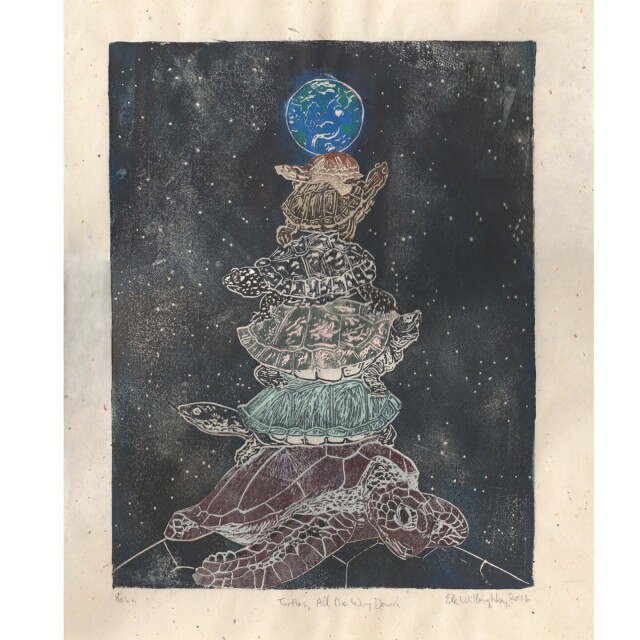 My linocut print of ‘Turtles all the way down.’ The blue and green globe of the Earth is on top of a never ending stack of turtles of various species against the starry background of space. This hint of an infinite stack includes from the top down: an eastern mud turtle (Kinosternon subrubrum), a red-eared slider (Trachemys scripta elegans), a black pond turtle (Geoclemys hamiltonii ), a painted batagur (Batagur borneoensis), a Oaxaca mud turtle (Kinosternon oaxacae), a green sea turtle (Chelonia mydas) and the hint of something larger.⁠ The print is on 11” x 14” beige washi paper with bark inclusions.
⁠