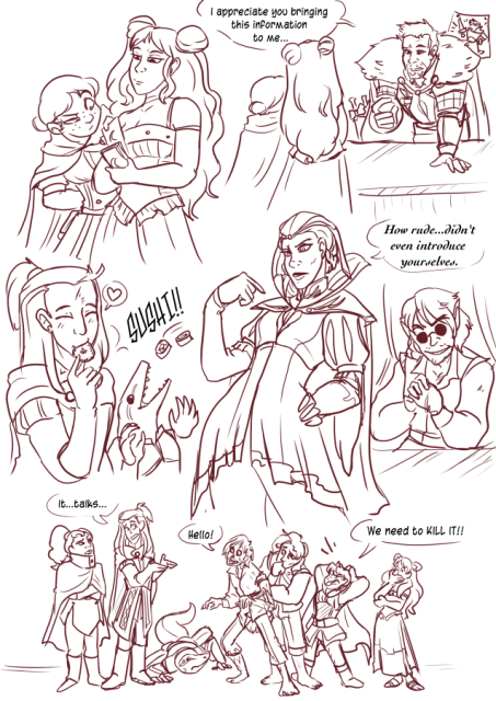 Panel 1: Eda, a sorceress with a sleeveless top, long hair that is tied into two buns and a long skirt is flipping through some tarot cards. Celeste, a girl with her hair tied into a bun, and simple clothes is looks over her shoulder with a suspicious look on her face. 
Panel 2: Celeste and Eda go to Sir Raymond, a knight with full plate armour, short hair, a big fur-lined cloak and stubble. Raymond has a child's drawing of him on the wall behind him. He says: I appreciate you brining this information to me. 
Panel 3: Andréa is eating a cookie with a big smile on her face, a heart in a speech bubble next to her. Behind her Teayreon the lizard folk rogue is throwing sushi in his mouth and shouting: Sushi!
Panel 4: A woman named Vita, A sorceress in a high collared outfit, with puffy shoulders, long sleeves, a long cloak and a boob window. She says: How rude, didn't even introduce yourselves.
Panel 5: A sketchy looking half elf with sunglasses on. He has short hair, stubble, and dirty clothes. 
Panel 6: The whole team standing next to a Zombie. Nerith looks confused with her arms crossed. Andrêa has her arms out with a confused look saying: It talks? Teayreaon is crouched down with a scared look on his face. The Zombie says: Hello! 
Valos has his hand to his face, thinking. Celeste has her hands on her head and she looks upset yelling: We need to kill it! Eda has her hand on her mouth.