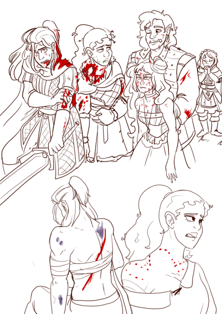 Panel 1: The party in various states of injury. Andréa holding her arm, Blood dripping out her mouth, caked into her hair, and the big cut on her back. Nerith looks sick, holding her stomach, a giant bite taken out of her neck and chest area. Eda the sorcerer's hair is messed up, and there are tons of tiny scratches all over her face and upper chest from an exploding jar. Valos looks like he's wincing, blood on his face and arms. Celeste, the cleric, is untouched, praying in the background. 
Panel 2: Andréa from behind, her shirt is off, showing the long gash on her back. Bruises are forming on her. 
Panel 3: Close up on Nerith's wounds. 