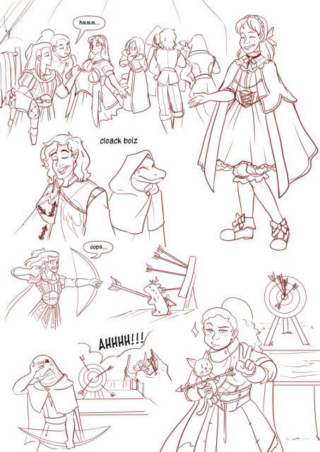 Panel 1: Andréa is holding up clothes to Celeste, Alexia and Nerith are judging the clothes. Teayreon and Valos are looking at cloaks in the background. 
Panel 2: Celestes new outfit. A ribbon in her hair, a frilly collar, a cloak, a corset with a puffy skirt, bloomers, and shoes with bows on them.
Panel 3: Valos and Teayreon in a new duelling cape and cloak. 
Panel 4: Andréa is trying to compete in the archery contest. She misses and hits one of the stuffed toys instead of the target. She looks embarrassed and says: Ooops. 
Panel 5: Teayreon looks embarrassed as he too tries the archery competition. She has missed so completely he has hit a person in a tent behind the course. 
Panel 6: Nerith at the archery competition, she has landed bullseyes on all the shots. She is giving a peace sign with a stuffed cat in her hands indicating she has won it.