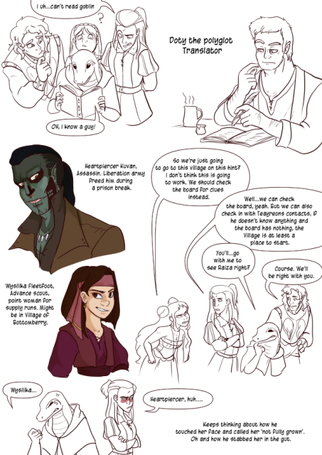 Panel 1: Valos, Celeste, and Andréa hovering over the shoulder of Teayreon the Lizard folk rogue who is holding a book. Andréa says: I uh, can't read goblin. 
Teayreon says: Oh! I know a guy!
Panel 2: A man with short hair, a cup of coffee on his desk, a book open and a feathered quill in his hand. He is labeled as Doty the Polyglot. Translator. 
Panel 3:  Portrait of a half orc. He has tattoo on his face that emulate a skull. Labeled as Heartpiercer Kuvan. Assassin, Liberation army freed him during a prison break. 
Panel 4: Portrait of a halfling woman with a headband and a vest. Labeled as : Wysilika Fleetfoot. Advance scout, point woman for supply runs. Might be in Village of Bottomberry.
Panel 5: Eda looks annoyed as Andréa has her arms crossed. Eda says: So we're just going to go to this village on this hint? I don't think this is going to work. We should check the board for clues instead. 
Andréa says: Well.. we can check the board, yeah, but we can also check in with Teayreon's contacts. If he doesn't know anything and the board has nothing, the village is at least a place to start. 
Teayreon looks nervous and says: You'll go with me to see Raiza right?
Valos puts a hand on Teayreons shoulder and says: Course. We'll be right with you. 
Panel 6: Teayreon looks mad and says: Wysilika.
Andréa looks embarressed and mad and says: Heartpiercer huh.
Text says: Keeps thinking about how he touched her face and called her 'not fully grown.' Oh and how he stabbed her in the gut.