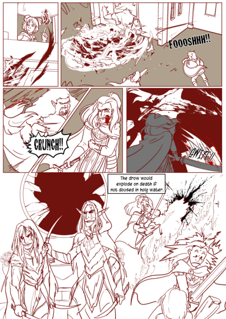 Panel 1: Eda has a ball of fire at the end of her finger and throws it down. 
Panel 2: The fire ball goes off hitting some of the monsters. 
Panel 3: Andréa gets smashed in the side by the ape monster with a loud Crunch.
Panel 4: Andréa holds her side, blood on her face. 
Panel 5: Andréa cuts across the ape monster and another monster, cutting them both in two. 
Panel 6: Two Drow have smashed through one of the Church's windows. 
Panel 7: Text box reads 'The drow would explode on death if not dousded in holy water.' 
Celeste holds her hand over her mouth as one explodes and singes Andréa's back as she's in combat with something else. Andréa looks startled and her hair spikes up in alarm. 