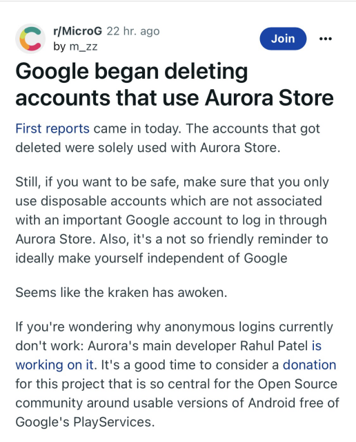 Google accounts getting deleted used with Aurora