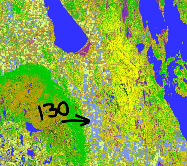 Zoom-in of 2002 Annual Crop Inventory map of Manitoba near Dauphin. The light violet (periwinkle) colour indicates fields that were too wet to seed last season.