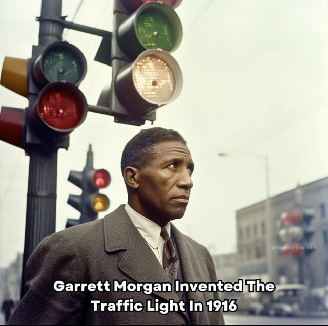 Colorized photo of Garrett on a city street in front of a traffic light wearing a suit, with text overlaid that reads: Garrett Morgan invented the traffic light in 1916