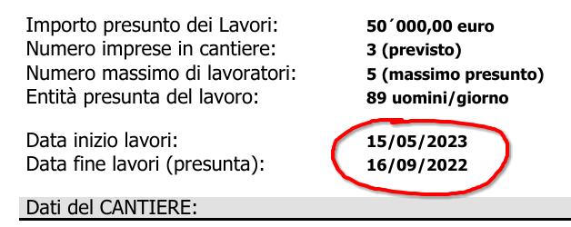 Estratto di un PSC di cantiere che indica la data di inizio lavori al 15/15/2023 e la data fine lavori al 16/09/2022