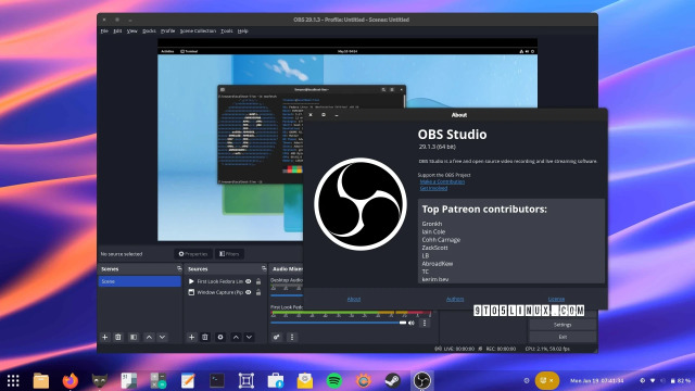 Screenshot of OBS Studio 29.1.3 on Fedora Linux 38 Workstation