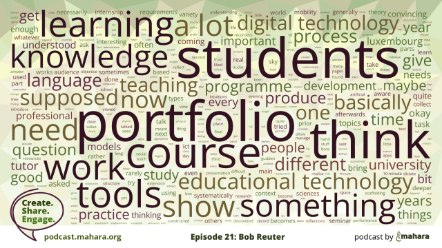 Word cloud of the words from Bob's interview showing higher frequency words larger than lower frequency ones. The highest frequency words are in order: portfolio, students, think