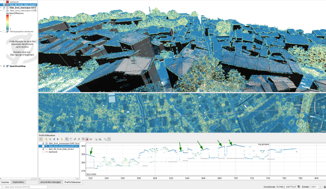 QGIS interface showing  3D view, 2D view and profil view in a French city with 3D buildings 