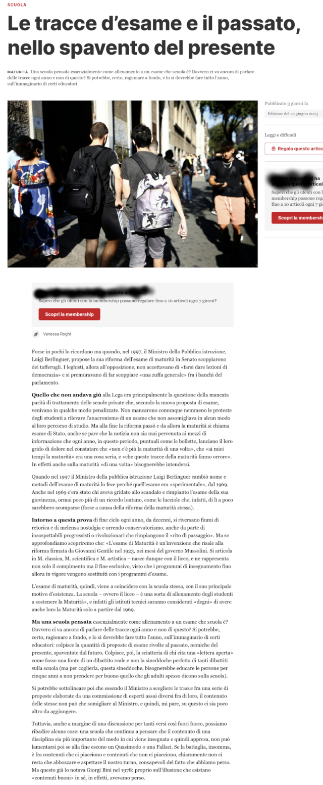 Le tracce d’esame e il passato, nello spavento del presente. Articolo di Vanessa Roghi su il manifesto del 22 giugno 2023