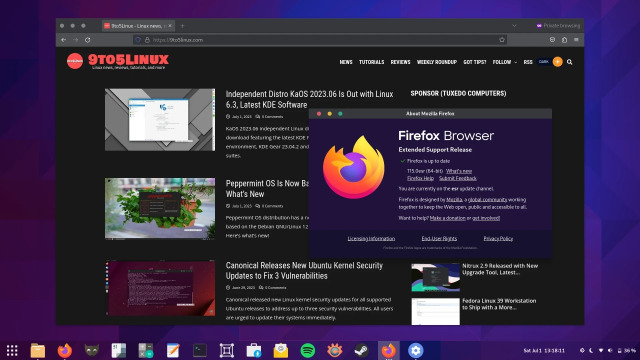 Screenshot of the Firefox 115 ESR web browser on Fedora Linux 38 Workstation showing the 9to5Linux website.