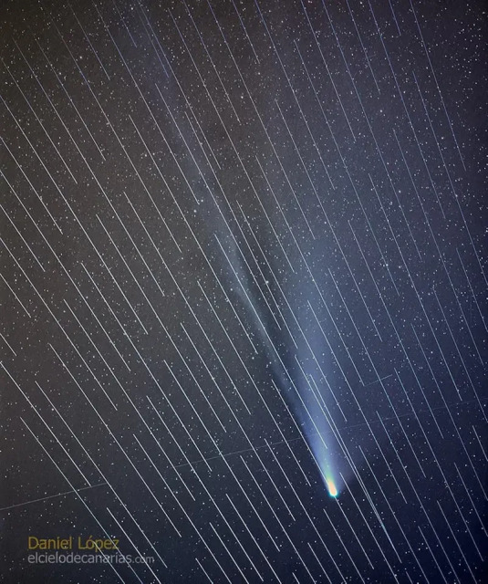 A striking photo showing Comet Neowise behind those streaks of light shows how easily the satellites can upstage observations of distant objects in space.

The satellite project, called Starlink, is Musk's plan to blanket Earth in high-speed satellite internet. The effort has drawn criticism from professional and amateur astronomers, however, because the bright satellites can mar the skies and disrupt telescope observations.

That's what happened to the astrophotographer Daniel López on July 21, when he was shooting Comet Neowise before it flies out of view for another 6,800 years. He shared the resulting image on the Facebook page of his photography company, El Cielo de Canarias, saying it was a shame to see the satellites make such a spectacle.

López's photo is a composite of 17 images taken in the span of 30 seconds. Each image was long exposure, meaning it captured the comet over several seconds.

https://www.businessinsider.com/elon-musk-starlink-satellites-photobomb-comet-neowise-2020-7