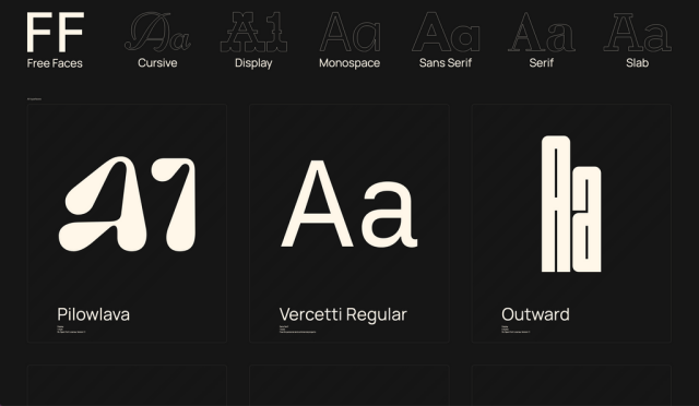 Font samples presented in cards, with the categories at the top: cursive, display, monospace, sans serif, serif, slab