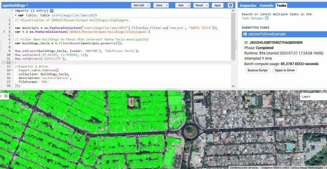 Script in the javascript editor to download a clipped area of the Open Buildings dataset from Google.