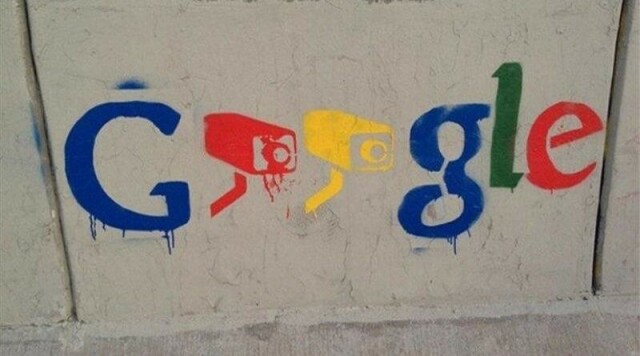 A paintbrushed mural made by activists showing the Google logo with the O's replaced by surveillance camera's.