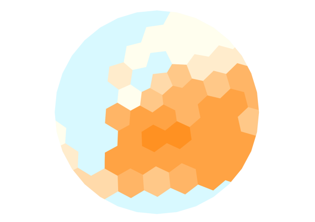 European population density in orange projected onto a coarse hexagonal grid