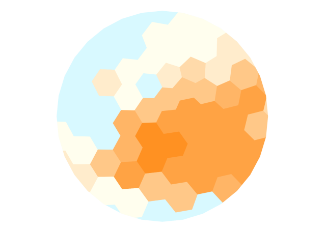 European population density in orange projected onto a coarse hexagonal grid in alternative orientation
