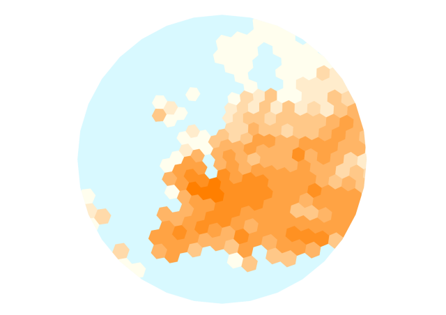 European population density in orange projected onto a less coarse hexagonal grid