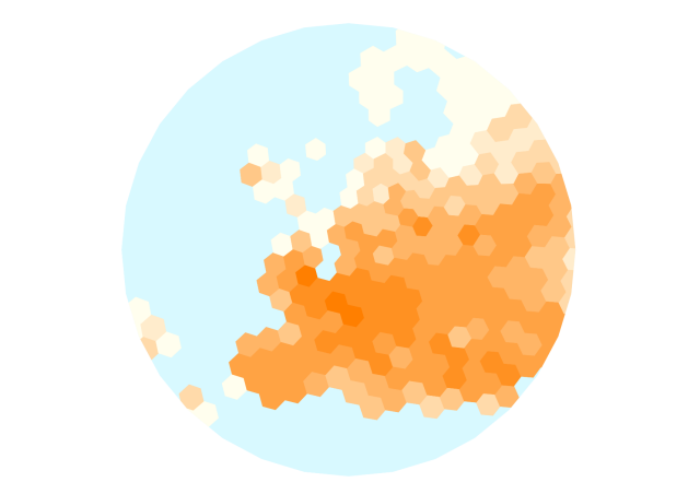 European population density in orange projected onto a less coarse hexagonal grid in alternative orientation