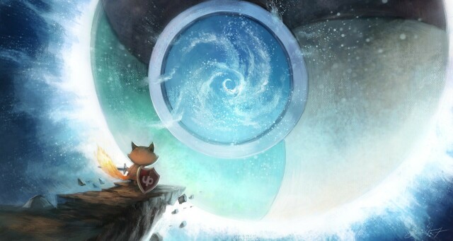 A digital painting with expressive brush stroke of a cinematic scene in the same vein as the epic final battle of some movies or games. On the edge of a cliff getting disintegrated, we have a tiny fox, sword in hand, shield (icon of UBlock Origin) and its tail is in fire. It's Firefox. He pose in a defiant and combative way in front of a giant sphere: the Chrome logo, with a lot of energy, and probably in the middle of casting a big spell. This is a reference to Google Web Environment Integrity, a new major threat to the open web.

License: CC-By 4.0