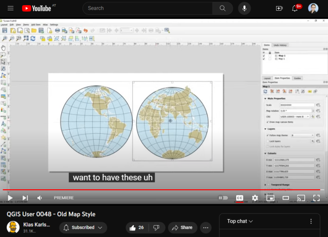 Screenshot of the Youtube live stream showing the QGIS print composer with some intermediate mapping results