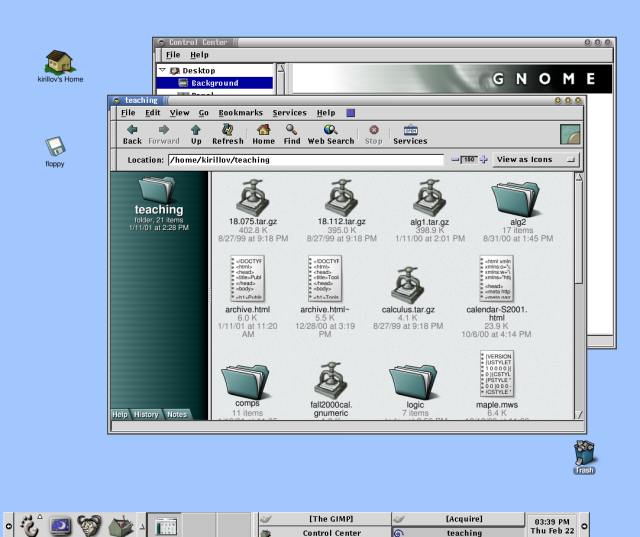 Screenshot of GNOME 1.0 with GNOME Panel and File Manager. 1999