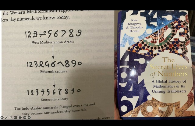 Snapshot of a page showing how our written numbers evolved from West Mediterranean Arabic to today, and a photo of the front cover of the book: The Secret Lives of Numbers