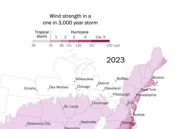 Map by The Washington Post showing wind strengths