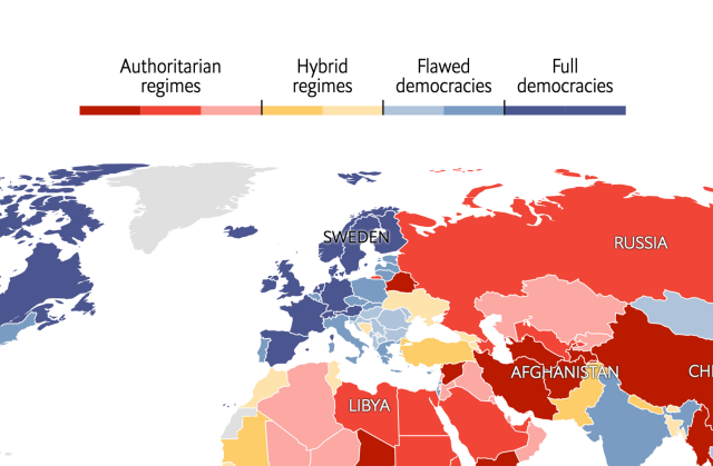 World map by The Economist showing how democratic a country is