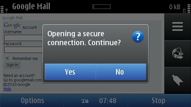 Screenshot of a Symbian mobile phone asking "Opening a secure connection. Yes or No?"