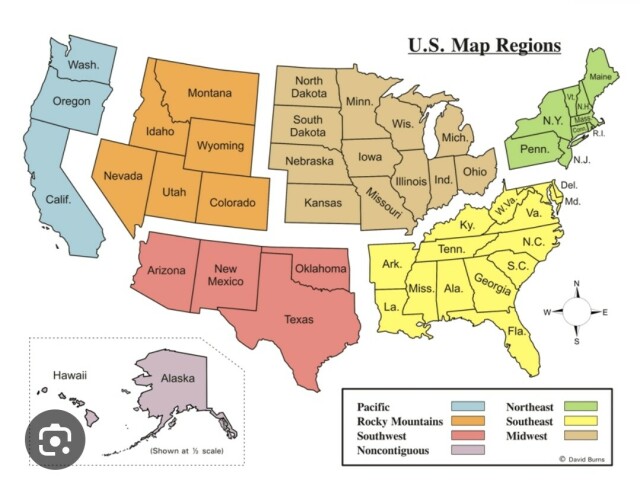 Map of the U.S. with states grouped into regions and those regions displayed with space between them.