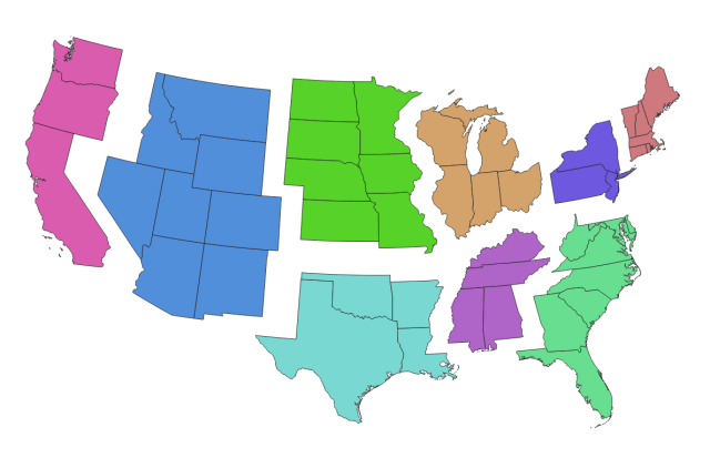 The contiguous United States, color-coded by region and split and spaced apart from one another.