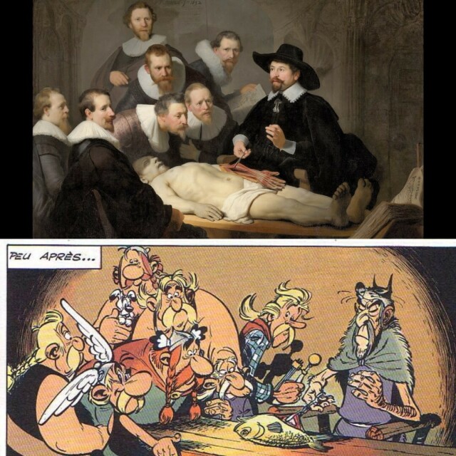 Comparaison entre "La Leçon d'anatomie du docteur Tulp", un peinture de de Rembrandt et la case n10 de la page n°10 de l'album "Le Devin" d'Astérix. Les deux scènes présentent la même composition.