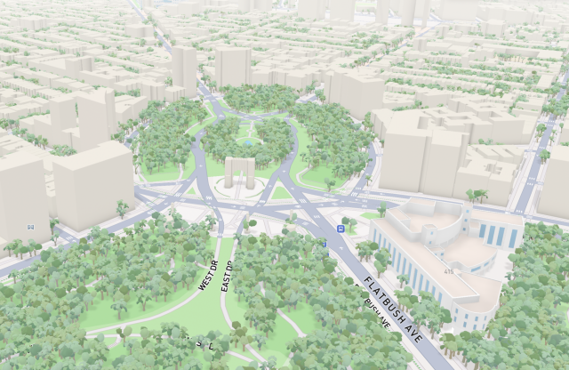Prospect Park, as seen in a Mapbox map with 3D trees.