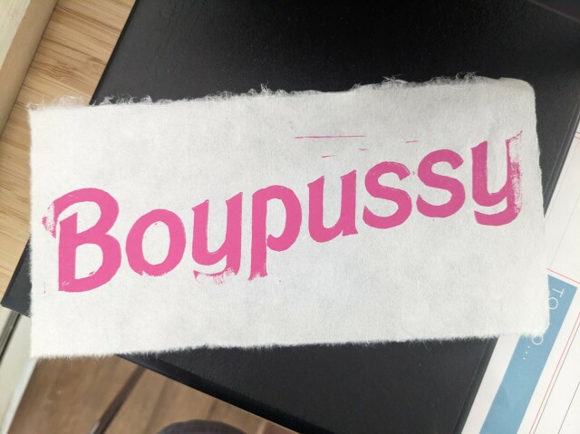 A print that reads boypussy in pink barbie font