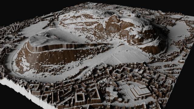 Image showing an extruded digital elevation model in blender. Snow has been added to faces whose slope is low enough to support snow.