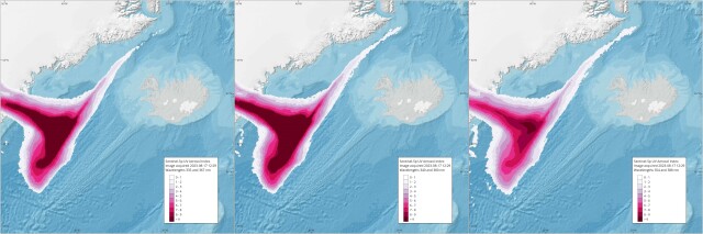 3 satellite images showing aerosol index around Iceland on the 17th of august 