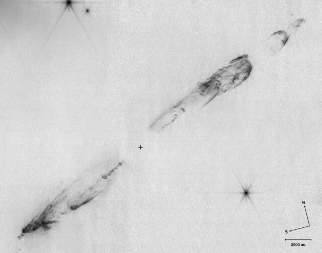 An inverted greyscale image of the HH211 protostellar jet in the 2.12 micron line of molecular hydrogen. Much finer detail is seen in the knots and bowshocks in the jet, which is emerging from the central protostar at high speed. The latter is invisible at near-infrared wavelengths, shrouded in the dense disk of gas & dust surrounding it, but can be detected at longer infrared and millimetre wavelengths where the dust is transparent: its position is marked here with a cross.