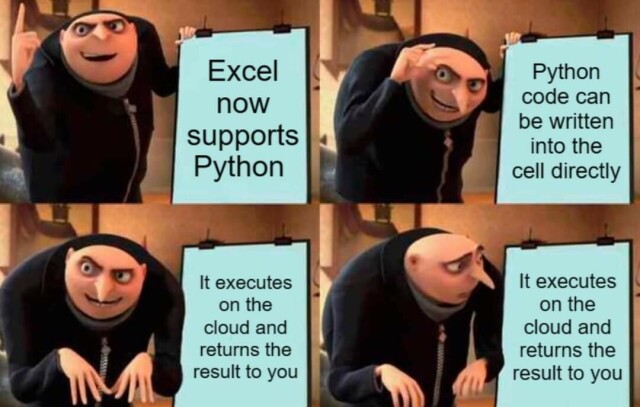 Gru's Plan meme. The first flip chart page says that Excel now supports Python. The second page says it can be entered directly into a cell. Finally, Gru double-takes as the third page says it executes the code on the cloud. 