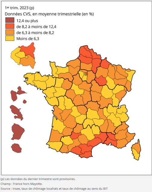 Cartographie du taux de chômage localisé au 1ᵉʳ trimestre 2023 : comparaisons départementales.

Données détaillées sous forme de tableau: 
https://www.insee.fr/fr/statistiques/2012804#tableau-TCRD_025_tab1_departements