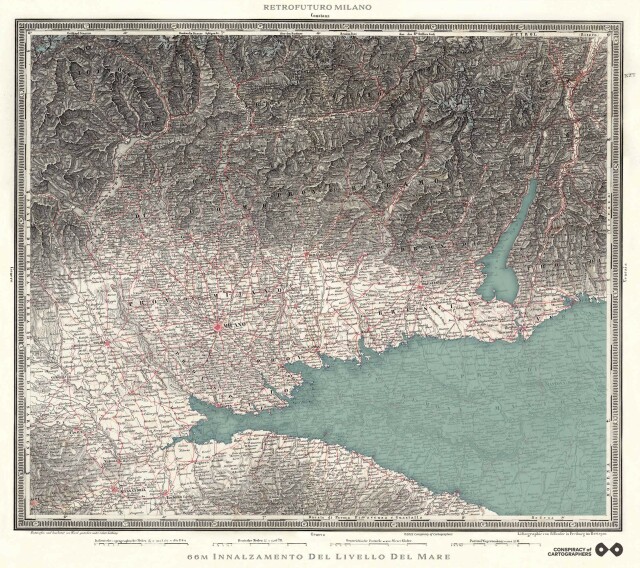1838 map of Milan & the Po River Valley, with 66m sea level rise added