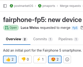 Screenshot of postmarketOS's Gitlab page saying:

fairphone-fp5: new device
Luca Weiss requested to merge fp5
Add an initial port for the Fairphone 5