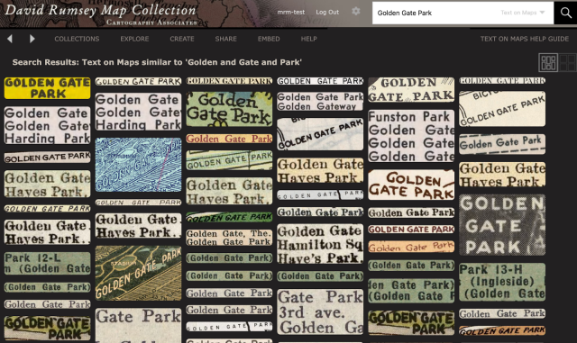 A grid showing dozens of snippets from scanned historical maps, all showing the text “Golden Gate Park” detected by the text-on-maps algorithm. 
