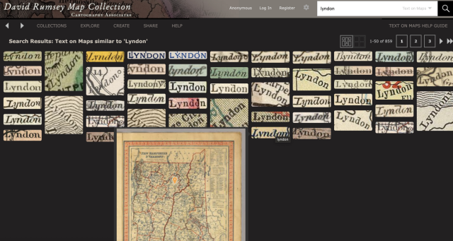 A selection of historical map labels matching a search term.