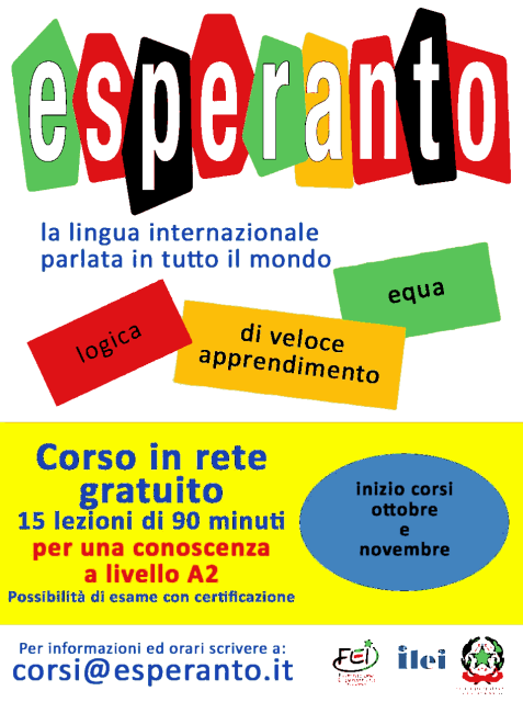 Volantino che pubblicizza il corso di esperanto, con scritte le medesime cose già scritte nel messaggio.
In calce i loghi:
FEI -  Federazione Esperantista Italiana,
ilei - Internacia Ligo de Esperantistaj Instruistoj,
Itala Esperanto-Instituto.